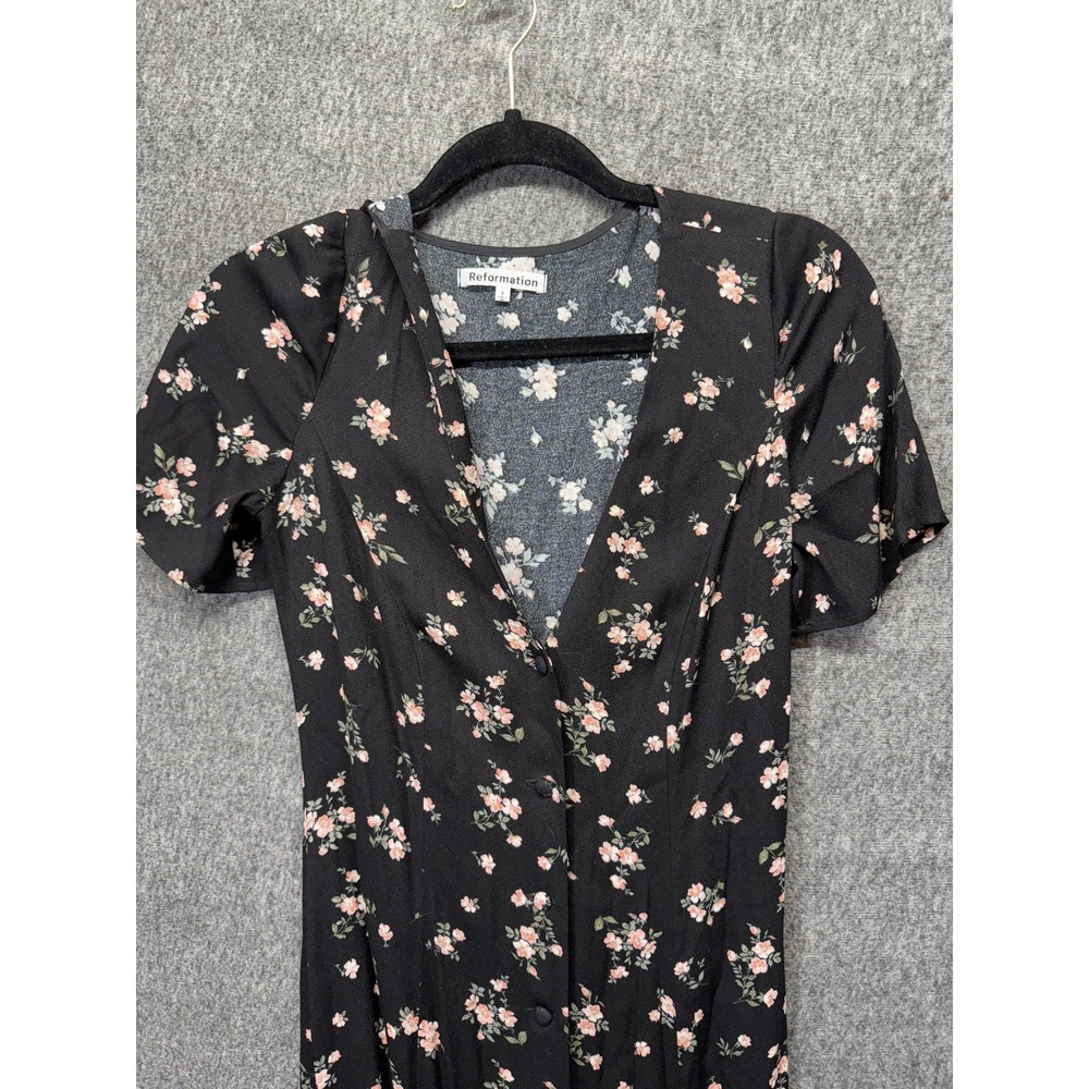 Reformation Dress Womens 4 Black Floral V-Neck Short Sleeve Button Front‎ Midi - Picture 3 of 15